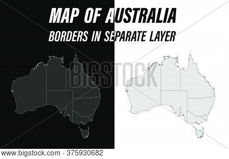 Detailed Map Of Australia With Borders. Educational Design Element. Easy Editable Black And White Ve