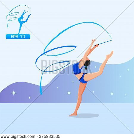 Girl Practicing Rhythmic Gymnast Performing With Ribbon Vector.