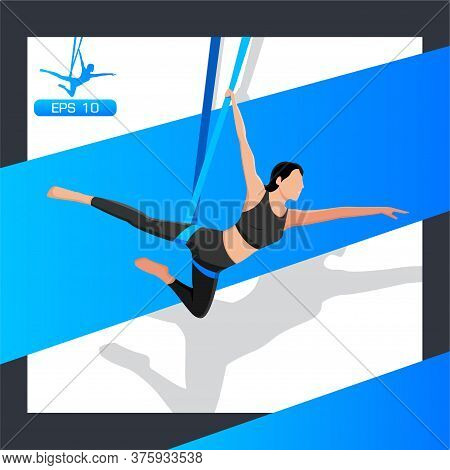 Young Girl Doing Fly Yoga In A Hammock.