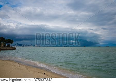 Huge Thunderclouds During A Hurricane In Penang Malaysia, Inclement Weather, Ships On The Roadstead