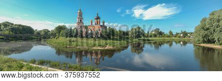 Resurrection Cathedral In The Summer Panorama On A Sunny Day. Staraya Russa, Russia
