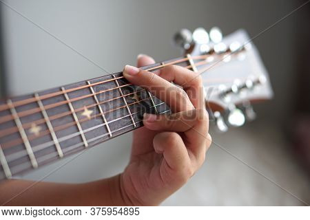 Close Up A  Girl  Hand Playing Guitar, Electric Guitar And Acoustic Guitar, Macro Abstract