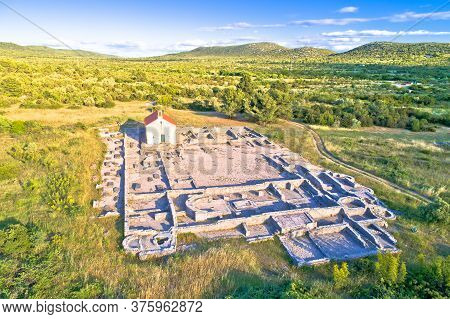 Pirovac. Ivinj Archeological Site With Saint Martin Church Aerial View, Dalmatia Region Of Croatia