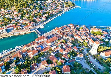 Coastal Town Of Tisno Aerial Panoramic View, Bridge To Island Of Murter, Dalmatia, Croatia