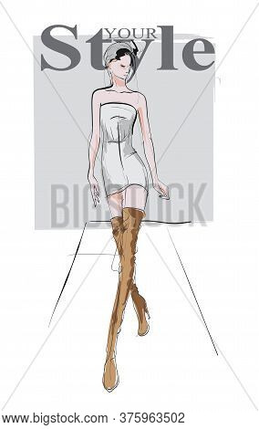 Beautiful Young Woman In Modern Style. Hand Drawn Stylish Woman Portrait. Fashion Lady. Festive Outf