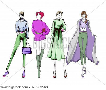 Beautiful Young Women In Modern Style.. Hand Drawn Stylish Woman Portrait. Fashion Lady. Festive Out