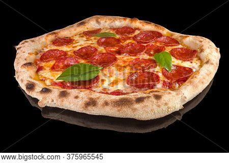 Tasty Pizza Pepperoni With Tomato Sauce, Mozzarella, Salamela Calabro Picante And Fresh Basil With R