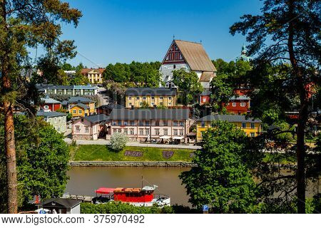 Porvoo, Finland - 3 June 2020: Beautiful Panoramic View Of Porvoo Cathedral And Old Town Of Porvoo