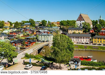 Porvoo, Finland - 3 June 2020: Beautiful Panoramic View Of Porvoo Cathedral And Old Town Of Porvoo