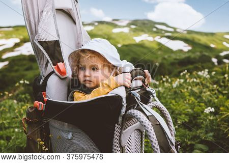 Child Girl In Backpack Carrier Hiking In Mountains Travel Family Vacation Summer Activity Healthy Li