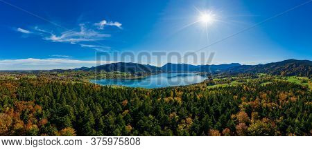 Tegernsee Lake In The Bavarian Alps. Aerial Panorama. Autumn. Germany.
