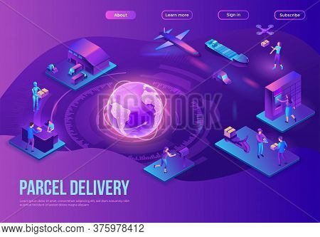 Global Delivery Service Landing Page, Illustration With A Process Of Delivering Parcel, Warehouse Wi
