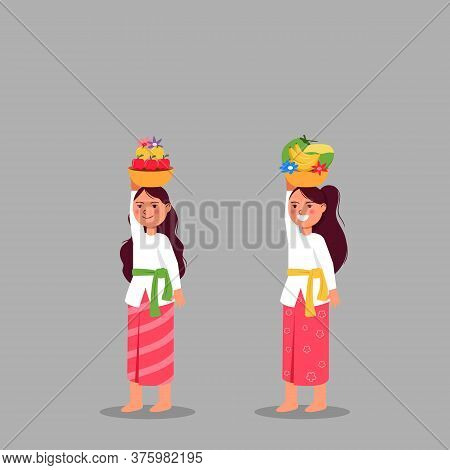 Balinese Girl On Hindu Ritual Parade To The Beach To Perform  Purification Ceremony. Suitable For Hi
