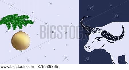 Christmas-tree Branch And Golden Ball - White Bull With Swirling Horns - Illustration, Vector. New Y