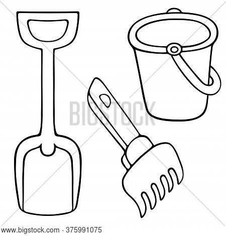 Bucket, Spade And Rake. Sketch. Set Of Vector Illustrations. Outline On An Isolated White Background