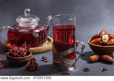 Hibiscus Hot Tea With Dates. Traditional Ramadan Kareem Concept Snack For Iftar Or Suhoor Meal