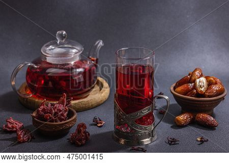 Hibiscus Hot Tea With Dates. Traditional Ramadan Kareem Concept Snack For Iftar Or Suhoor Meal