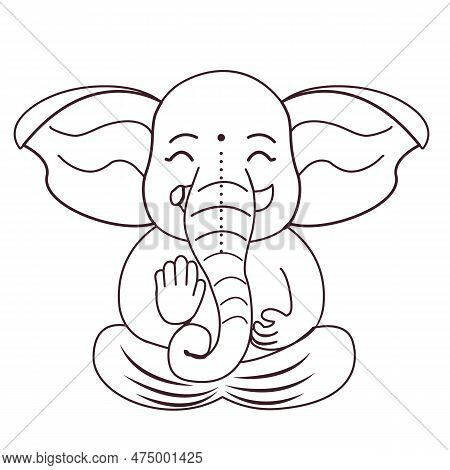 Little Cute Ganesh, Religious Traditional God Elephant Outline Drawing In Cartoon Character Isolated