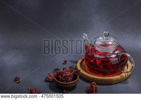 Hibiscus Hot Tea With Dates. Traditional Ramadan Kareem Concept Snack For Iftar Or Suhoor Meal