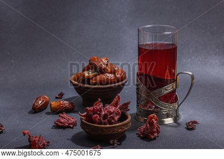 Hibiscus Hot Tea With Dates. Traditional Ramadan Kareem Concept Snack For Iftar Or Suhoor Meal