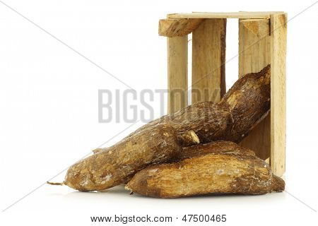 mazzo di radici di manioca in una cassa di legno su sfondo bianco
