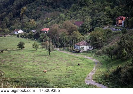 Panorama Of A Typical Romanian Agricultural Landscapes With Houses And Farm In A Village In The Cern