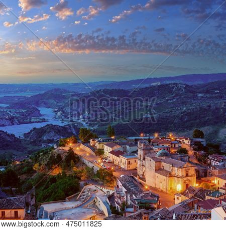Sunrise Old Medieval Stilo Famos Calabria Village View, Southern Italy.