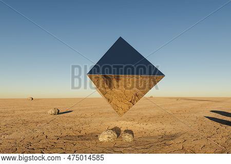 Metal Prism Pyramid Cube Hovering In The Air In Large Empty Desert Environment; Abstract Surreal Con
