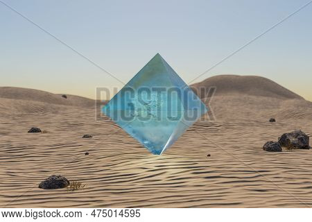 Ice Prism Pyramid Cube Hovering In The Air In Large Empty Desert Environment; Abstract Surreal Conce