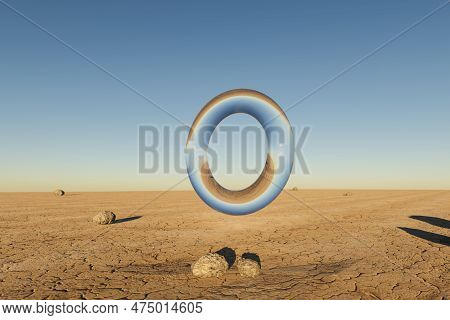 Glas Ring Hovering In The Air In Large Empty Desert Environment; Abstract Surreal Concept; 3d Illust