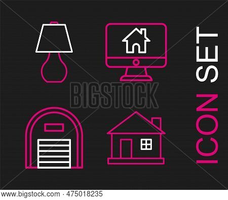 Set Line House, Warehouse, Computer Monitor With Smart Home And Table Lamp Icon. Vector