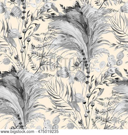 Seamless Monochrome Pattern With Herbs And Pampas Grass And Dried Flowers Painted For Textile