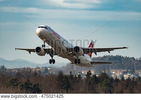 Zurich, Switzerland, January 2, 2023 Swiss International Airlines Airbus A321-111 Aircraft Is Taking