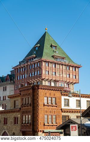 Saint Moritz, Switzerland, February 21, 2023 Building Of The Popular Badrutts Palace Hotel In The Ci