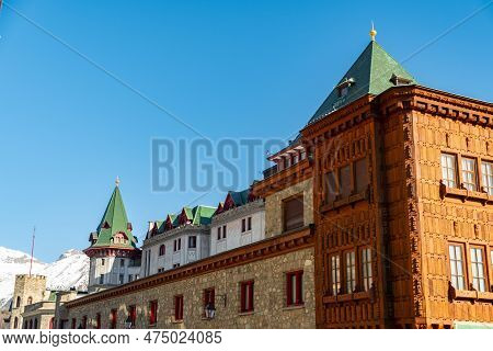 Saint Moritz, Switzerland, February 21, 2023 Building Of The Popular Badrutts Palace Hotel In The Ci