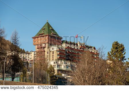 Saint Moritz, Switzerland, February 21, 2023 Building Of The Popular Badrutts Palace Hotel In The Ci