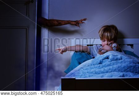 Fears Go Away, Boy Point Finger To Monster In The Bedroom