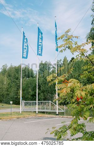 Helsinki, Finland - August 22, 2022: Three Biltem Flags Fluttering In Wind At Entrance Of Swedish St