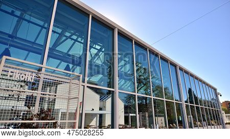 Warsaw, Poland. 21 April 2023. The Building That Houses The Food Hall Ogrody Urlicha. It\'s A Modern