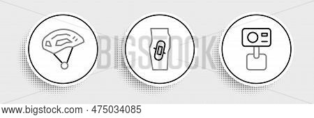 Set Line Action Extreme Camera, Bicycle Helmet And Plaster Leg Icon. Vector