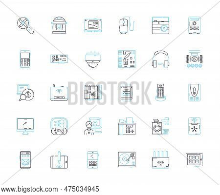 Computer Gear Linear Icons Set. Keyboard, Mouse, Monitor, Cpu, Graphics, Motherboard, Ram Line Vecto