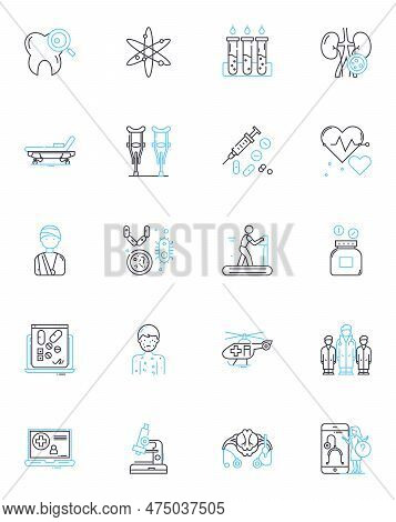Medical Innovation Linear Icons Set. Breakthroughs, Advancements, Discoveries, Technology, Progress,