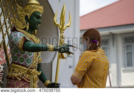 Bangkok, Thailand - April 22, 2023: Make A Wish Devaraj Neramit Or Thep Tanjai Statue, Thewarat Kunc