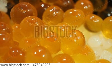 Close Up Of Sashimi Salmon Roe With Rice Bowl Or Donburi In Japanese Style Food.