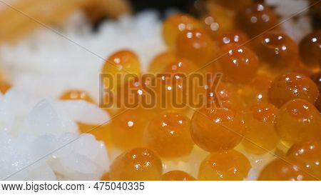 Close Up Of Sashimi Salmon Roe With Rice Bowl Or Donburi In Japanese Style Food.