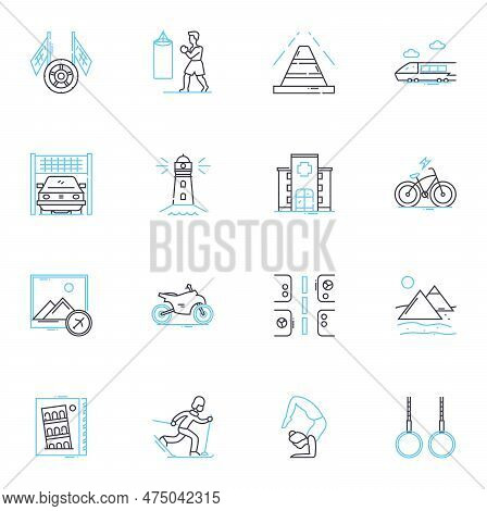 Beach Resort Linear Icons Set. Sand, Sun, Waves, Hammock, Ocean, Palm Trees, Relaxation Line Vector 