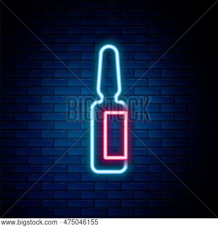 Glowing Neon Line Toothache Painkiller Tablet Icon Isolated On Brick Wall Background. Tooth Care Med