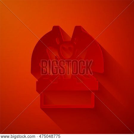 Paper Cut Gargoyle On Pedestal Icon Isolated On Red Background. Paper Art Style. Vector