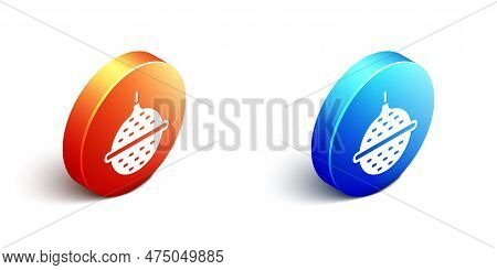 Isometric Ball Tea Strainer Icon Isolated On White Background. Orange And Blue Circle Button. Vector