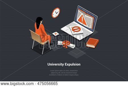 Univercity Expulsion Concept. Confused Frustrated Girl Sit In Front Of Laptop, Fail An Exam, Has Got